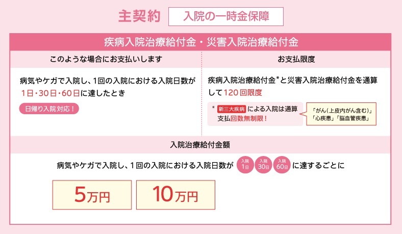健康をサポートする医療保険 健康のお守り ハート ワイドの主契約について説明しています。お手頃プラン、安心プラン、三大疾病重点プランに共通する保障です。主契約は入院の一時金保障です。病気やケガで入院し一回の入院における入院日数が一日、三十日、六十日に達したとき疾病入院治療給付金または災害入院治療給付金をお支払いします。日帰り入院も対応します。疾病入院治療給付金と災害入院治療給付金を通算して百二十回限度で保障します。新三大疾病による入院は通算支払回数無制限に保障します。新三大疾病とは上皮内がんを含むがんまたは心疾患または脳血管疾患です。入金治療給付金額は病気やケガで入院し一回の入院における入院日数が一日、三十日、六十日に達するごとに五万円または十万円をお支払します。複数申込することで最大二十万円まで設定することが可能です。