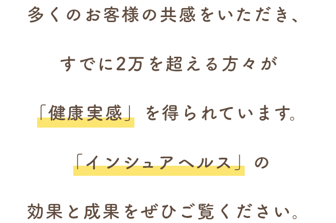 多くのお客様の共感をいただき、すでに2万を超える方々が「健康実感」を得られています。「インシュアヘルス」の効果と成果をぜひご覧ください。