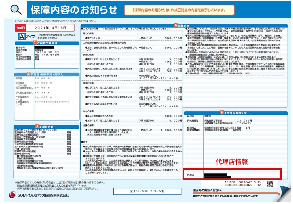 代理店などの連絡先記載箇所