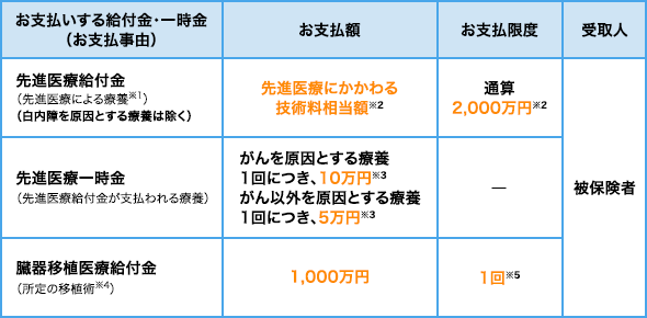 表：お支払いする給付金・一時金（お支払事由）、お支払額、お支払限度、受取人