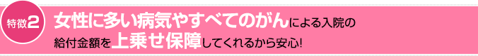 特徴2：女性に多い病気やすべてのがんによる入院の給付金額を上乗せ保障してくれるから安心！