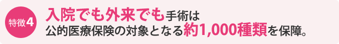 特徴4：入院でも外来でも手術は公的医療保険の対象となる約1,000種類を保障。