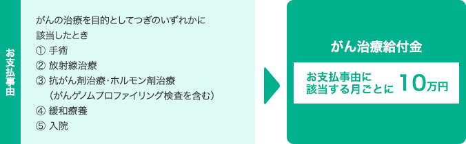お支払事由は、がんの治療を目的としてつぎのいずれかに該当したとき。手術。放射線治療。抗がん剤治療・ホルモン剤治療(がんゲノムプロファイリング検査を含む)。緩和療養。入院。がん治療給付金お支払事由に該当する月ごとに10万円。