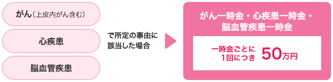 がん(上皮内がん含む)・心疾患・脳血管疾患で所定の事由に該当した場合、がん一時金・心疾患一時金・脳血管疾患一時金を一時金ごとに1回につき50万円。対象となる新三大疾病およびお支払事由。がん(上皮内がん含む)は1回目は初めてがんと医師により診断確定されたとき。2回目以降はがんの治療を目的とする入院をしたとき。心疾患は心疾患の治療を目的とする入院をしたとき。脳血管疾患は脳血管疾患の治療を目的とする入院をしたとき。