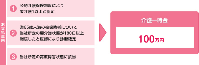 お支払事由は、公的介護保険制度により要介護1以上と認定されたとき。満65歳未満の被保険者について当社所定の要介護状態が180日以上継続したと医師により診断確定されたとき。当社所定の高度障害状態に該当したとき。介護一時金100万円。