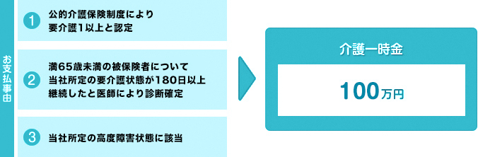 お支払事由は、公的介護保険制度により要介護1以上と認定されたとき。満65歳未満の被保険者について当社所定の要介護状態が180日以上継続したと医師により診断確定されたとき。当社所定の高度障害状態に該当したとき。介護一時金100万円。