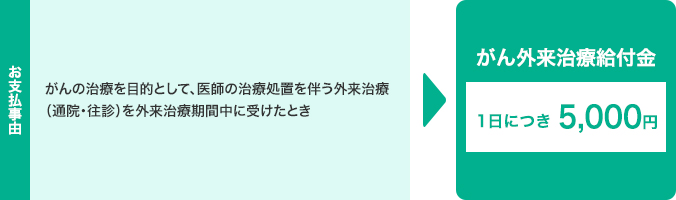 お支払事由は、がんの治療を目的として、医師の治療処置を伴う外来治療(通院・往診)を外来治療期間中に受けたとき。がん外来治療給付金1日につき5,000円。