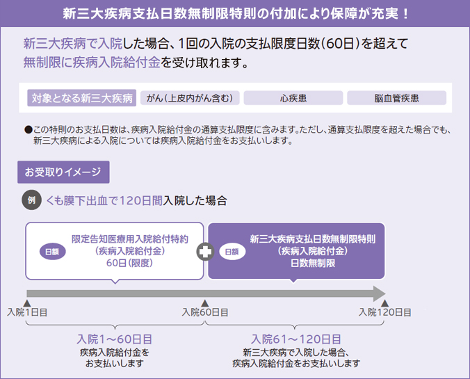 新三大疾病支払日数無制限特則の付加により保障が充実!新三大疾病で入院した場合、1回の入院の支払限度日数(60日)を超えて無制限に疾病入院給付金を受け取れます。対象となる新三大疾病はがん(上皮内がん含む)・心疾患・脳血管疾患。この特則のお支払日数は、疾病入院給付金の通算支払限度に含みます。ただし、通算支払限度を超えた場合でも、新三大疾病による入院については疾病入院給付金をお支払いします。