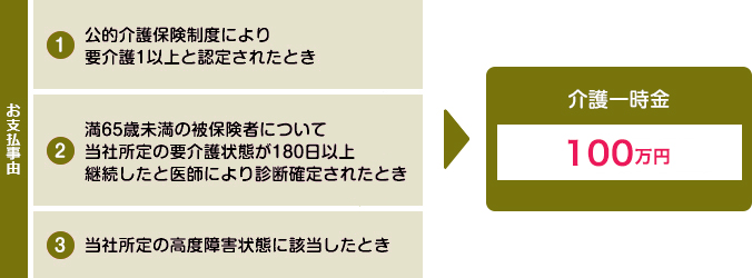 お支払事由は、公的介護保険制度により要介護1以上と認定されたとき。満65歳未満の被保険者について当社所定の要介護状態が180日以上継続したと医師により診断確定されたとき。当社所定の高度障害状態に該当したとき。介護一時金100万円。