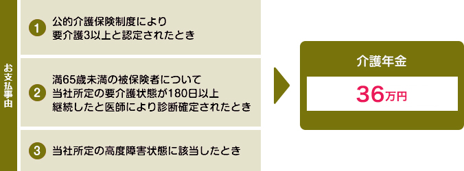 お支払事由は、公的介護保険制度により要介護3以上と認定されたとき。満65歳未満の被保険者について当社所定の要介護状態が180日以上継続したと医師により診断確定されたとき。当社所定の高度障害状態に該当したとき。介護年金36万円。